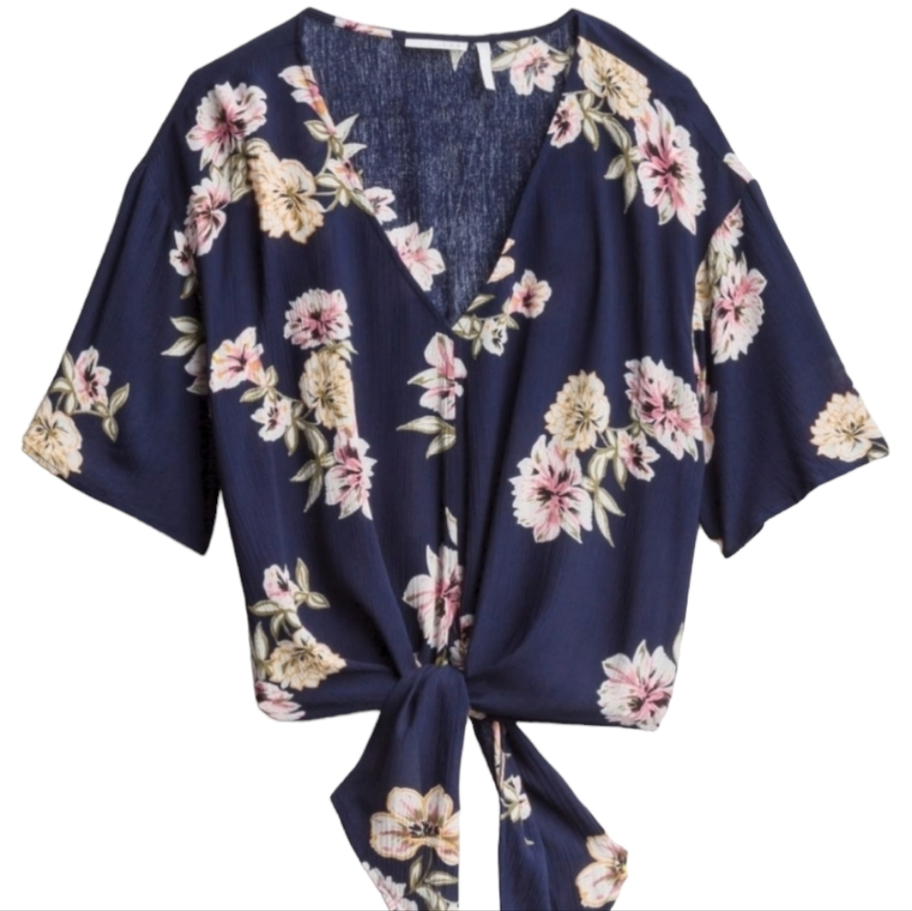 Floral Blouse by Luq Small Navy Blue Tie Front V-neck Shirt Top Stitchfix